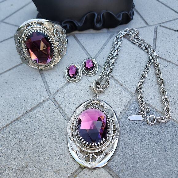 Whiting & Davis Victorian Revival Glass Filigree Statement Parure Signed Vintage - Picture 10 of 10